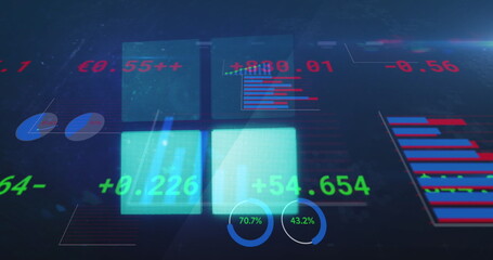 Image of financial data processing over glowing squares