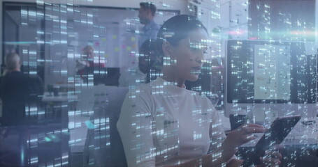 Image of moving columns over diverse business people