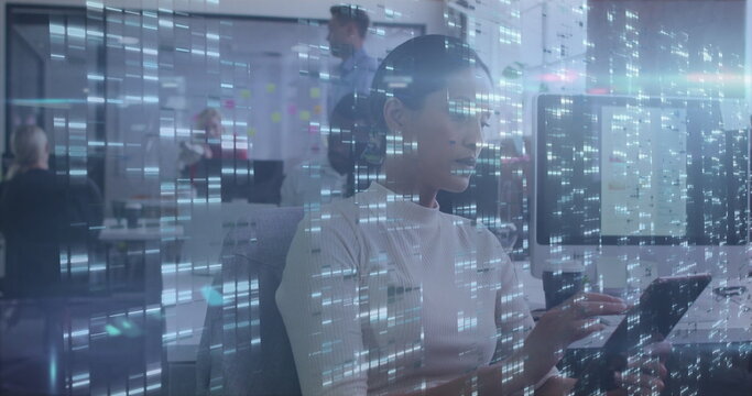 Image of moving columns over diverse business people