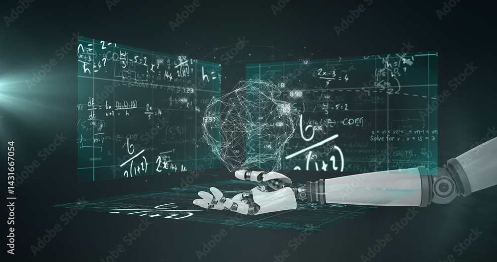 Poster image of robotic arm with shape over mathematical equations