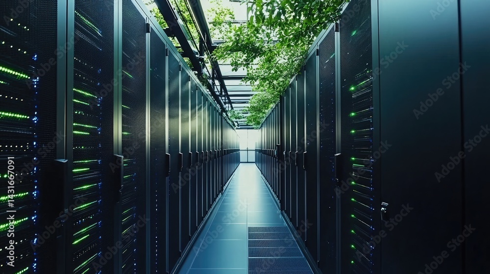 Aufkleber eco-friendly data center corridor with green-lit servers and plants above, ideal for sustainable tec