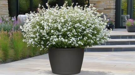 White flowers in large dark planter. Outdoor garden setting