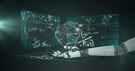 Image of robotic arm with shape over mathematical equations