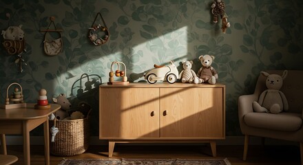 Wooden Cabinet with Toys in Nursery