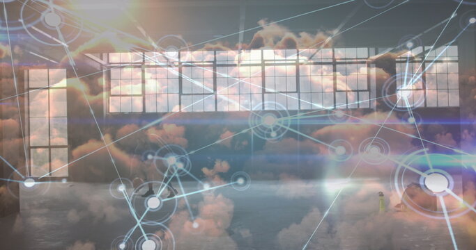 Image of data processing over clouds and male basketball players at gym