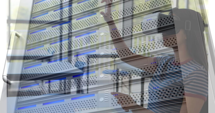 Image of server room over caucasian woman using vr headset