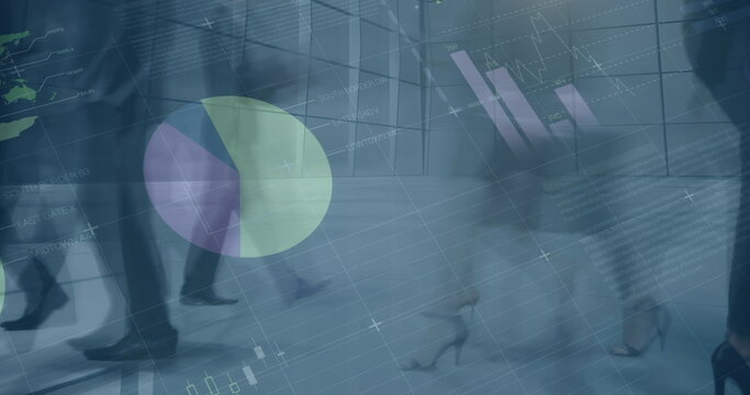 Image of financial graphs over timelapse with legs of diverse businesspeople walking in office - Powered by Adobe