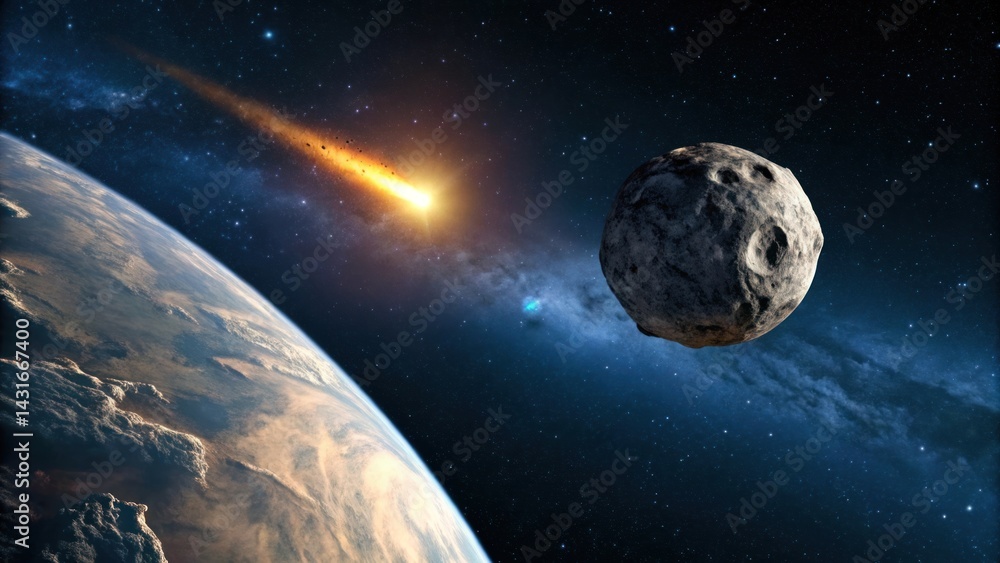 Wall mural meteor streaking towards earth with asteroid in deep outer space