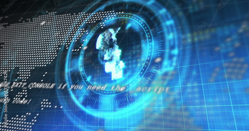 Poster statistical data processing and russian rubble symbol over a round scanner against blue background