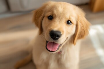 adorable golden retriever puppy with joyful expression looking up. playful and charming, perfect for pet adoption promotions, dog training materials, and heartwarming animal content.