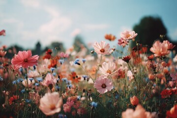 Colorful flower field under sky