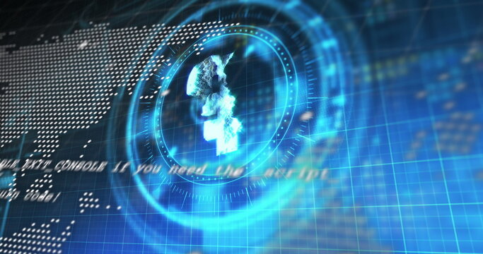 Statistical data processing and russian rubble symbol over a round scanner against blue background