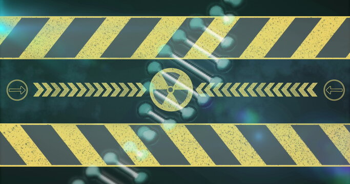 Image of dna strand over radioactive symbol on black background - Powered by Adobe