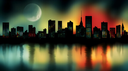 Fototapeta premium neon-lit cityscape emerging from a thick fog, with a massive moon shining above the skyline 