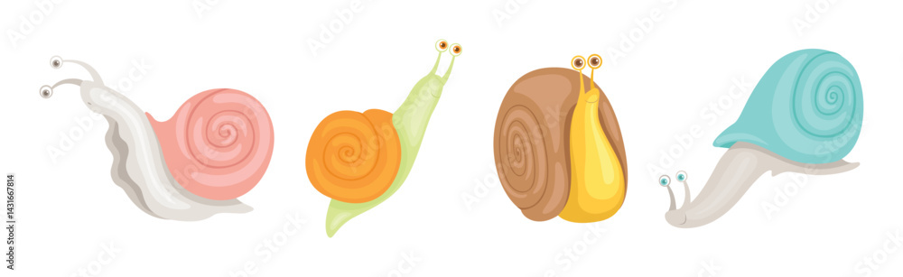 Poster snail funny character with spiral shell vector set