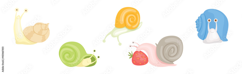 Poster snail funny character with spiral shell vector set
