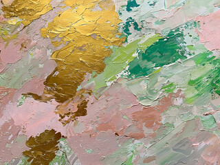 Naklejka premium Abstract Art Canvas Texture: Gold, Green, Pink Brushstrokes with Oil and Acrylic Technique, Pallet Knife Style