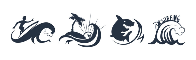 Surfing and Wave Ride Monochrome Silhouette Vector Set
