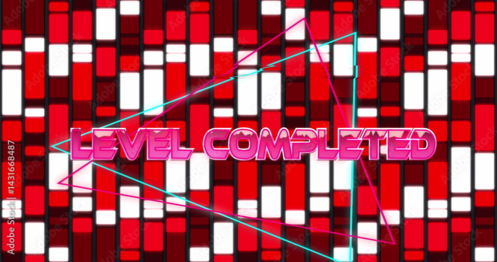 Poster level completed text over neon triangular shapes against red abstract shapes on black background