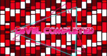 Level completed text over neon triangular shapes against red abstract shapes on black background