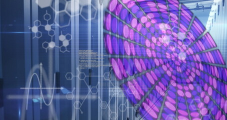 Medical data processing over purple glowing abstract circular shape against computer server room
