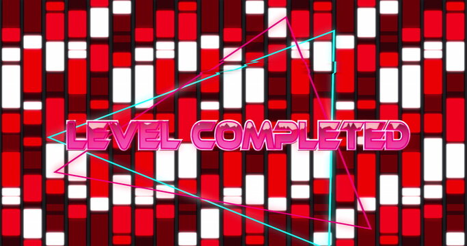 Level completed text over neon triangular shapes against red abstract shapes on black background - Powered by Adobe
