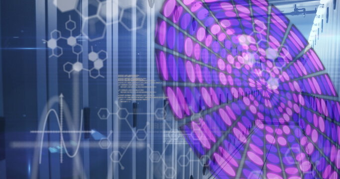 Medical data processing over purple glowing abstract circular shape against computer server room