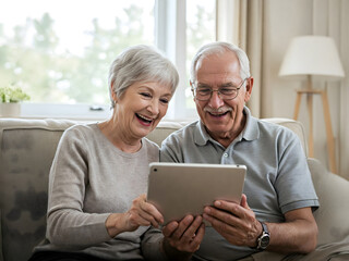 Elderly couple enjoying a tablet. Senior woman and man smiling, sharing technology