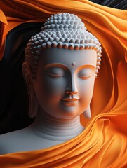 White Buddha, orange and black background, 3D design style, abstract lines, facial close-up, light reflection on the face