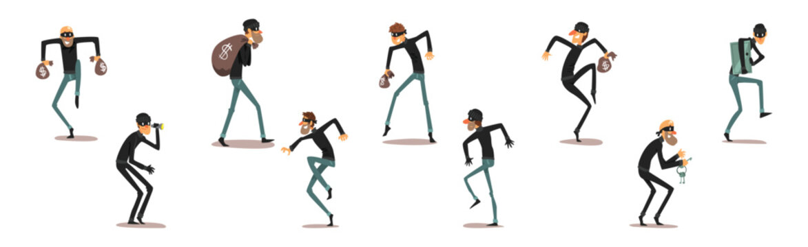 Man Thief and Burglar in Mask Stealing Money Vector Set