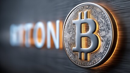 bitcoin cryptocurrency symbol close-up with digital circuit details glowing accent. dynamic representation of blockchain technology and innovation, ideal for financial and tech topics