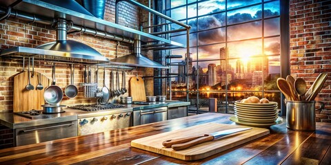 Fototapeta premium Industrial Kitchen Double Exposure: Rustic Wood & Exposed Pipes Stock Photo