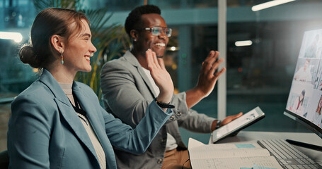 Video call, office and business people on computer wave for talking, online webinar and virtual...