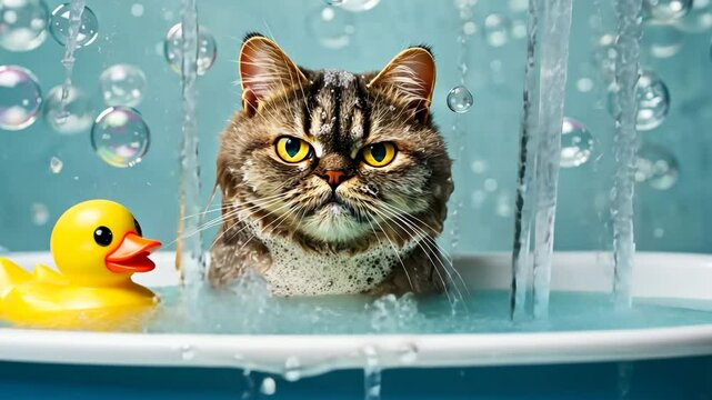 Grumpy cat taking a bath with rubber duck
