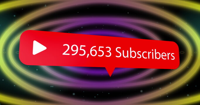 Image of media icon over moving shapes on black background