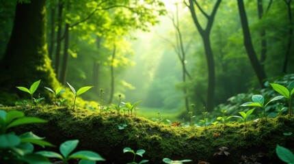Obraz premium Lush green forest with sunbeams, dense foliage, vibrant leaves, mossy ground, vivid and refreshing nature scene 