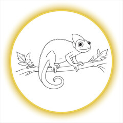Chameleon Cartoon Illustration on Branch,Cute Chameleon Drawing for Coloring Book,Hand Drawn Chameleon Lizard Vector,Chameleon Sitting on Tree Branch Outline,Funny Chameleon Animal Line Art