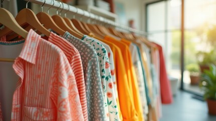 Bright summer clothes on hangers in a sunlit boutique, vibrant colors, modern style, lightweight fabrics, fashion concept
