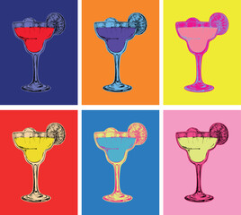 Set of Colored Hand Drawn Sketch Margarita Cocktail Drinks Vector Illustration
