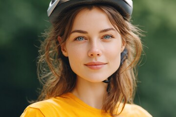 cyclist with neutral expression stands against blurred nature background exuding sense of adventure