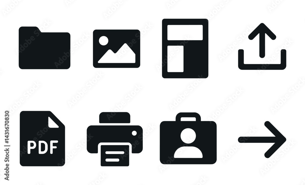 Poster document management solid icons set – filled style for file organization, office workflow, and digit