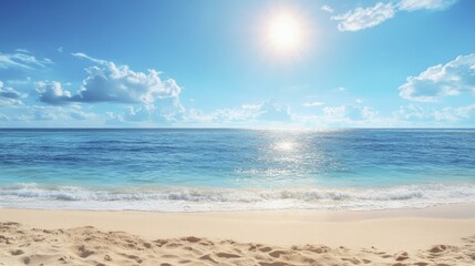 Fototapeta premium Tranquil Beach Scene with Beige Sand, Gentle Waves, Blue Sea, and Sunny Sky for Summer Vacation Imagery