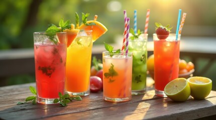 Fototapeta premium Assorted summer cocktails with fruit and herbs, colorful straws, outdoor table, sunlight, greenery, festive and refreshing 