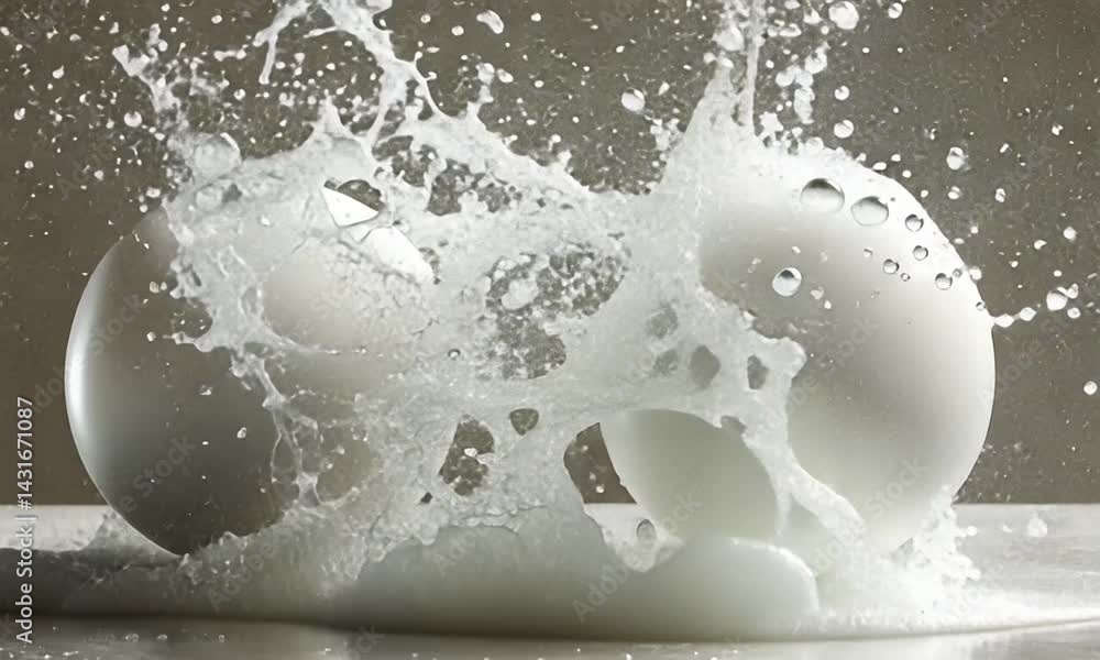 Poster two white spheres splashing in creamy liquid, creating dynamic motion and texture