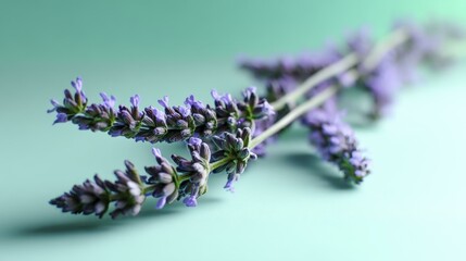 Fototapeta premium Close-up of Two Lavender Sprigs Diagonally Placed on Teal Surface, Fading into Soft Blur, Perfect for Relaxing Spa Themes