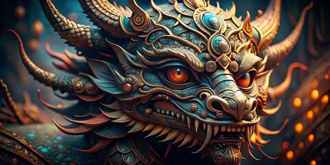 Fototapeta premium Intricate Asian Dragon Mask, High Depth of Field, Close-Up Detail, Ancient Ritual Mask, Mythical Creature