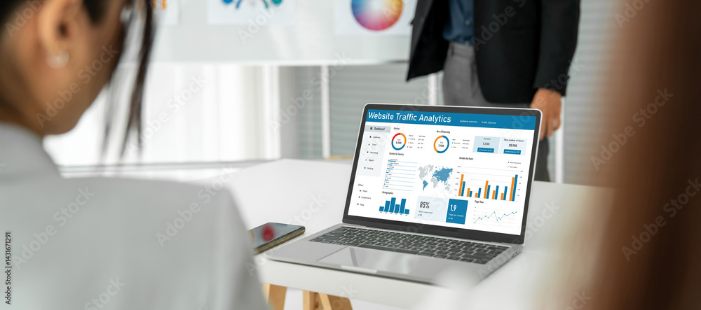 Poster computer software for website traffic analytics data on computer screen. concept of seo search engin