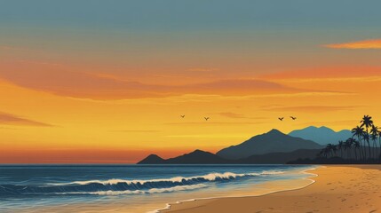 Tropical Beach at Sunset with Palm Trees, Mountains, Ocean Waves, Birds Flying, Orange and Blue Sky