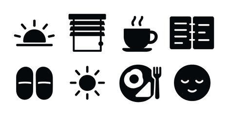 Morning routine silhouette icons set – solid style breakfast, wellness, and relaxation symbols for daily inspiration: sunrise, blinds, coffee, eggs, meditation, sunshine, slippers