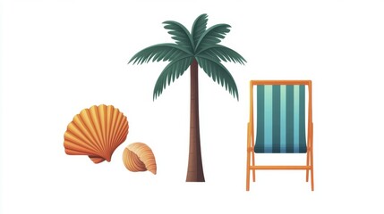 Obraz premium Relaxing scene featuring a palm tree, beach chair and sea shells, evoking summer vacation vibes on an isolated white background